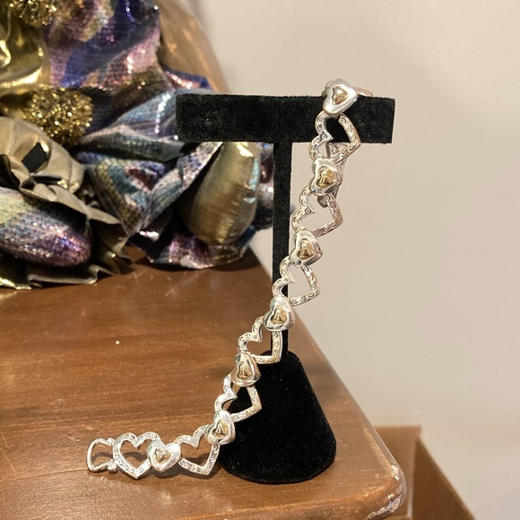 Silvertone Open Heart Link & Heart Goldtone Spacer Magnetic Clasp Bracelet - Picture 3 of 13